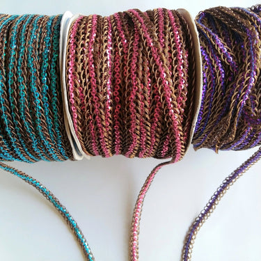 Bronze Braided Sequins Trim With Purple / Blue / Pink Sequins, Approx. 6 mm wide, Trim by 3 yards